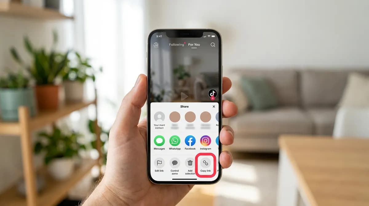 An iPhone showing the TikTok share panel with the Copy link button highlighted in red