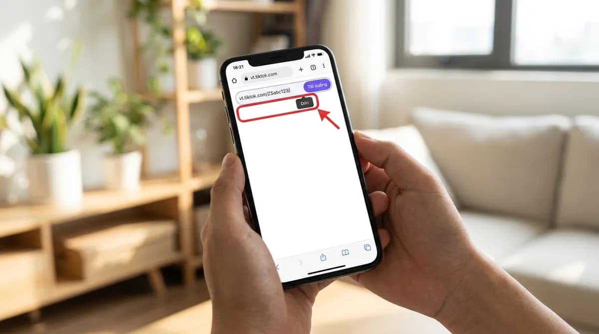Link TikTok được dán vào ô nhập của SnapVidBox trên điện thoại, nút Dán được làm nổi bật