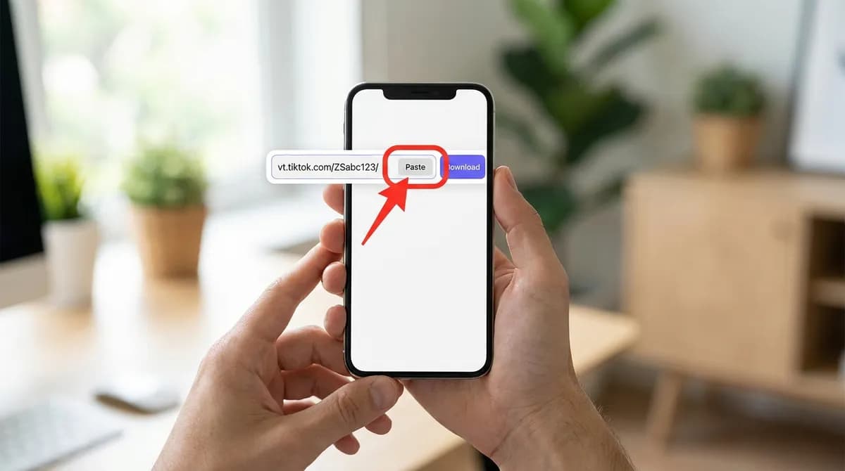 A TikTok link pasted into the SnapVidBox input box on a phone, with the Paste button highlighted