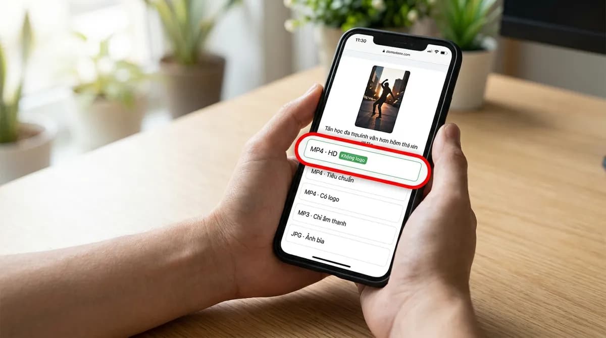Thẻ kết quả SnapVidBox cho một video TikTok, lựa chọn MP4 · HD Không logo ở đầu danh sách được khoanh đỏ