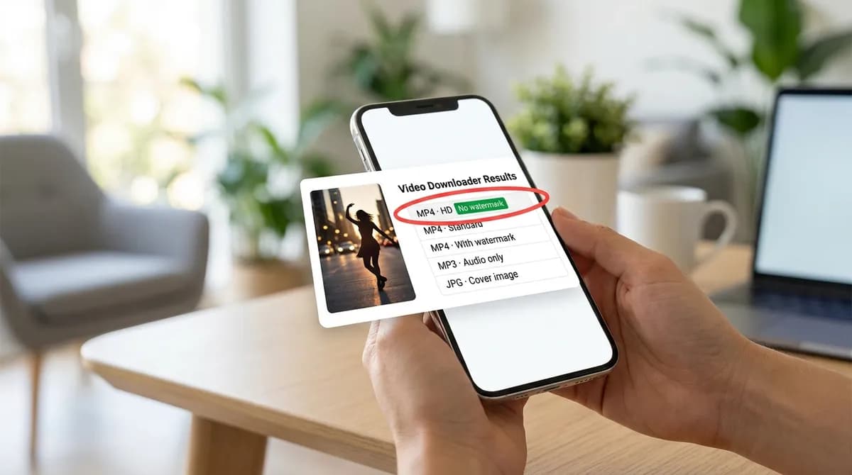 The SnapVidBox result card for a TikTok video, with the MP4 · HD No watermark option highlighted at the top of the list
