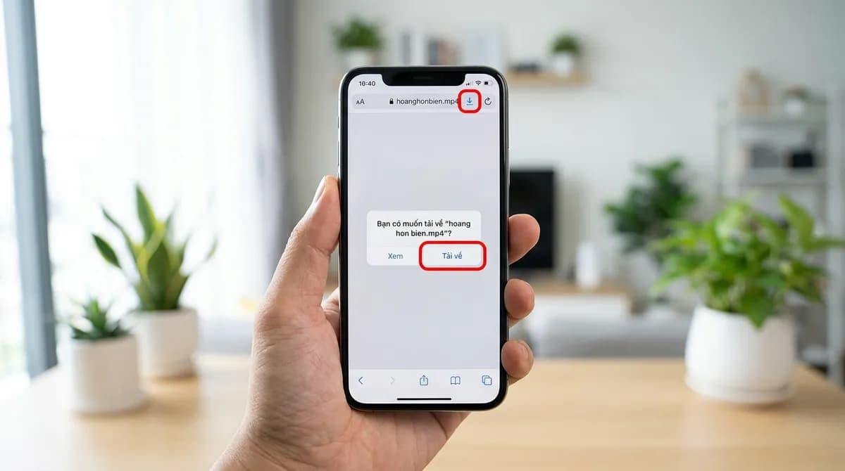 Safari trên iPhone hỏi có tải video TikTok không logo về không, nút Tải về được làm nổi bật