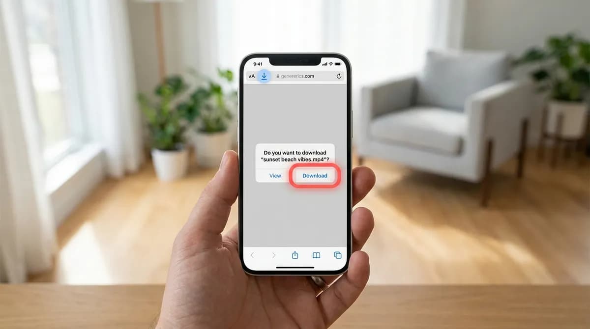 Safari on an iPhone asking to download the TikTok video without the watermark, with the Download button highlighted
