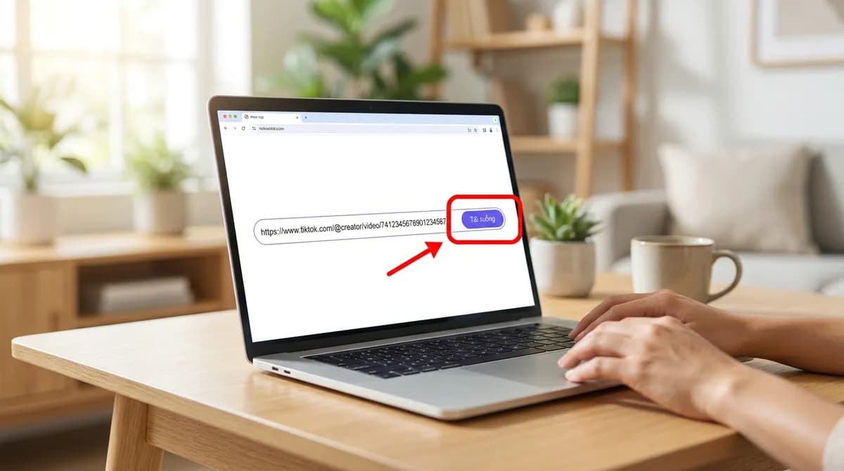 Trình duyệt trên laptop với link TikTok đã dán vào SnapVidBox, nút Tải xuống màu tím được làm nổi bật