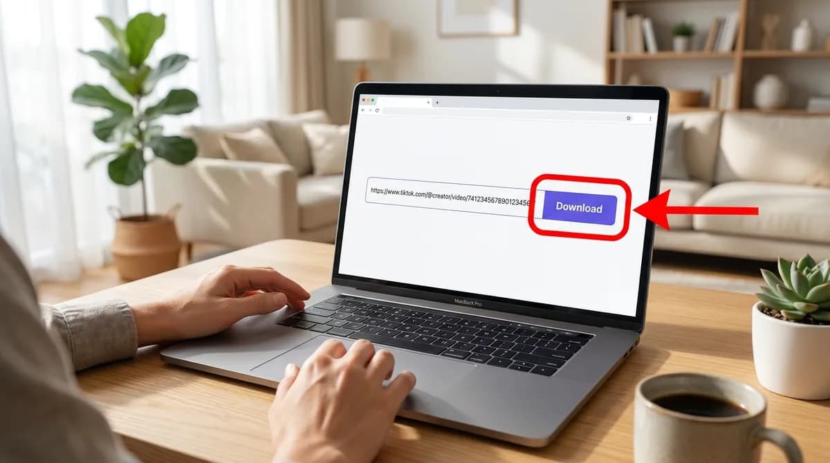 A laptop browser with a TikTok link pasted into SnapVidBox and the violet Download button highlighted
