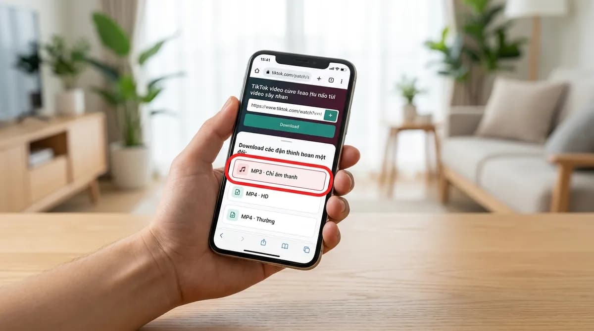Trang tải nhạc TikTok MP3 trên điện thoại với file MP3 chỉ âm thanh nằm đầu danh sách, sẵn sàng lưu để làm nhạc chuông