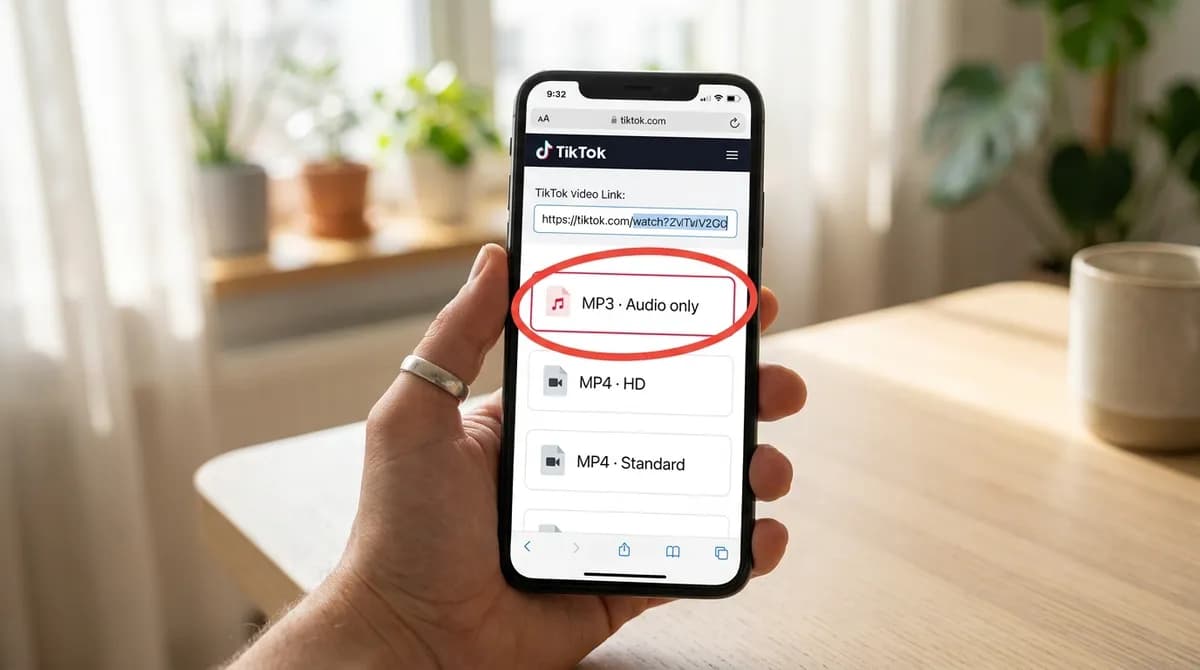 The TikTok to MP3 page on a phone with the MP3 audio-only file listed first, ready to save for a ringtone