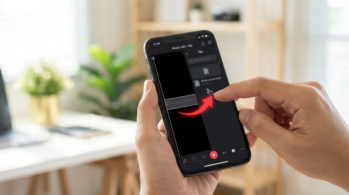 File MP3 âm thanh TikTok được kéo từ danh sách vào bản nhạc trống trong ứng dụng chỉnh nhạc trên iPhone