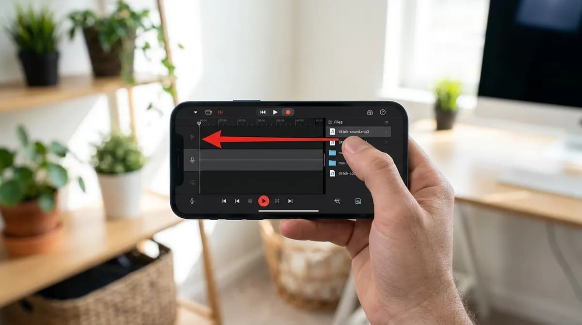 An MP3 of a TikTok sound being dragged from the file list onto an empty track in a music-editing app on an iPhone