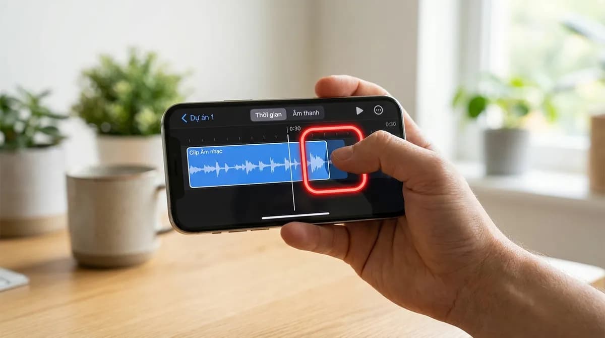 Dạng sóng của âm thanh TikTok đang được cắt còn 30 giây trong ứng dụng chỉnh nhạc trên iPhone, mép đoạn nhạc được đánh dấu