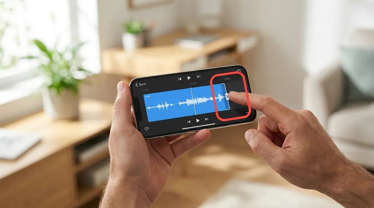 A waveform of a TikTok sound being trimmed to 30 seconds in a music-editing app on an iPhone, with the clip edge highlighted