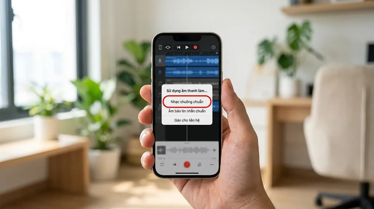Menu xuất nhạc chuông trên iPhone với lựa chọn Nhạc chuông chuẩn được đánh dấu sau khi xuất âm thanh TikTok