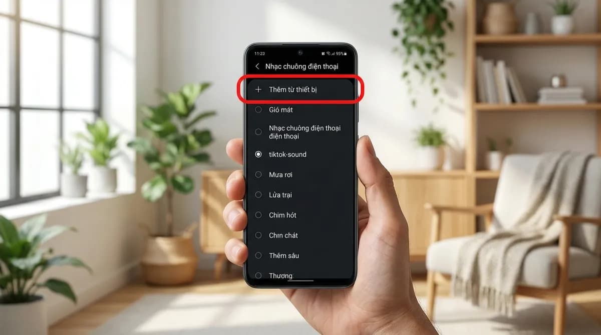 Cài đặt nhạc chuông Android trên điện thoại với nút Thêm từ thiết bị được đánh dấu và file MP3 TikTok trong danh sách