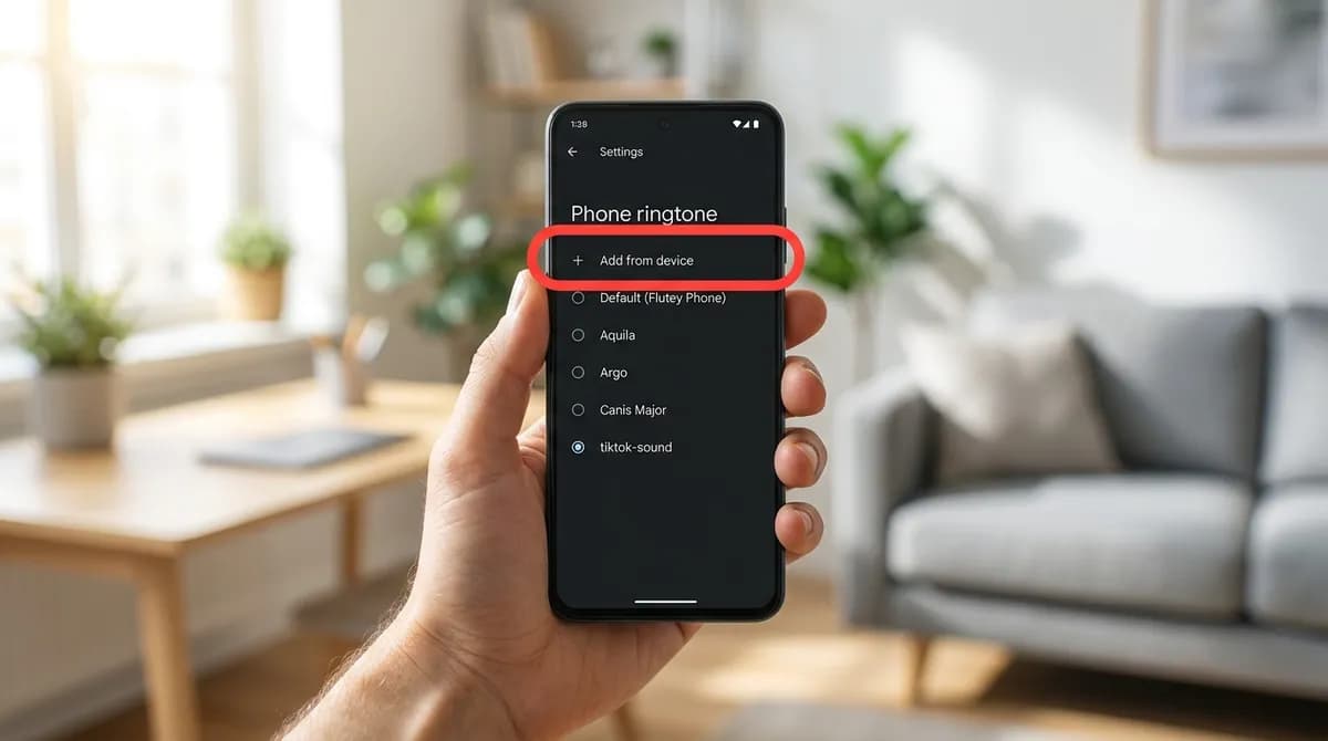 Android ringtone settings on a phone with the add from device option highlighted and a TikTok MP3 in the list